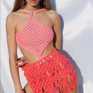 NORMAILLOT AURA SWIMSUIT PITAYA CORAL LAME WET LOOK MACRAMÉ  NEW  XS